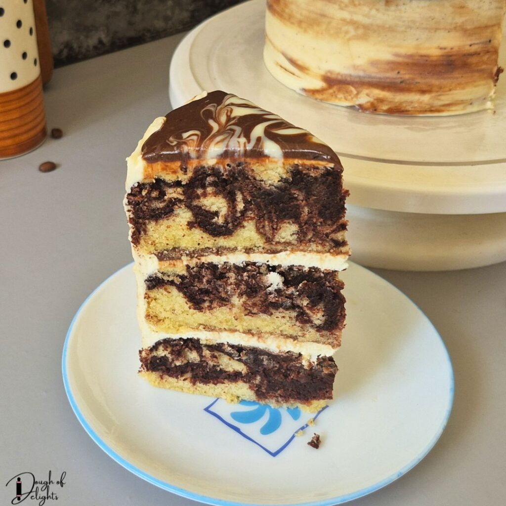 Ganache frosted marble layer cake