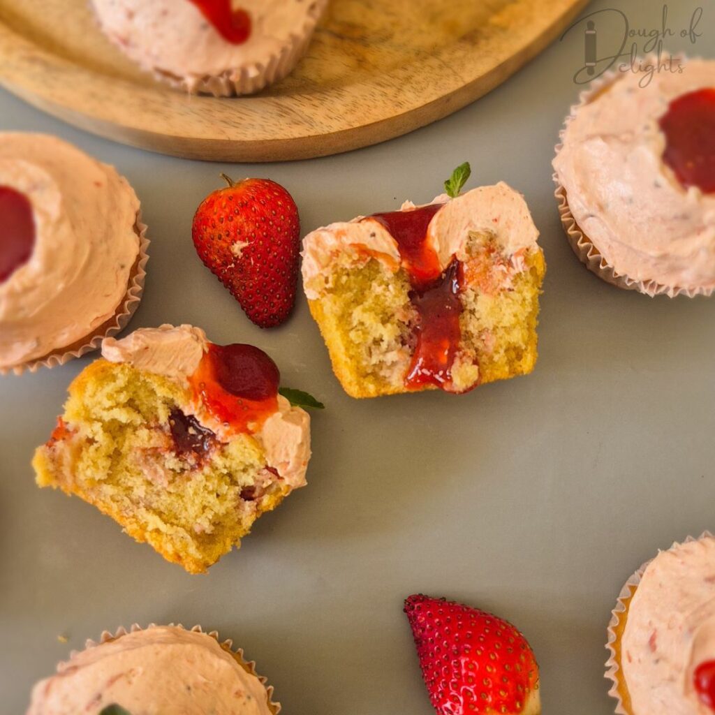 strawberry compote-filled cupcake from top
