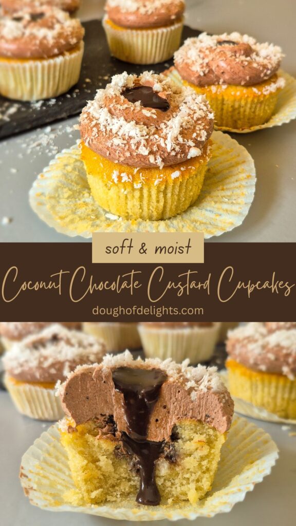 Soft and moist coconut chocolate custard cupcakes