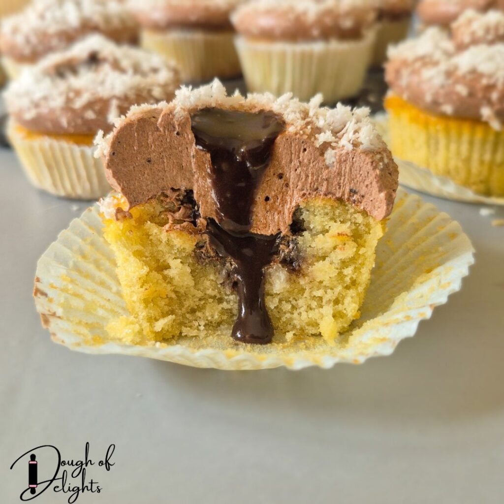 Chocolate custard filled coconut cupcakes