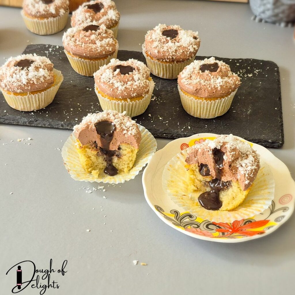 coconut chocolate custard cupcake with chocolate swiss meringue 