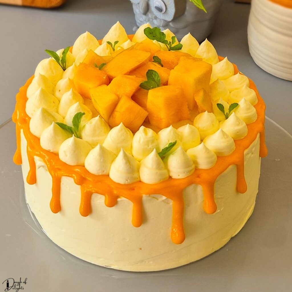 Mango custard cake with fresh mango