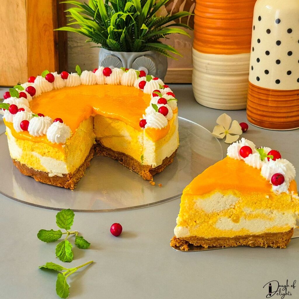 No-bake eggless mango cheesecake served as a summer dessert