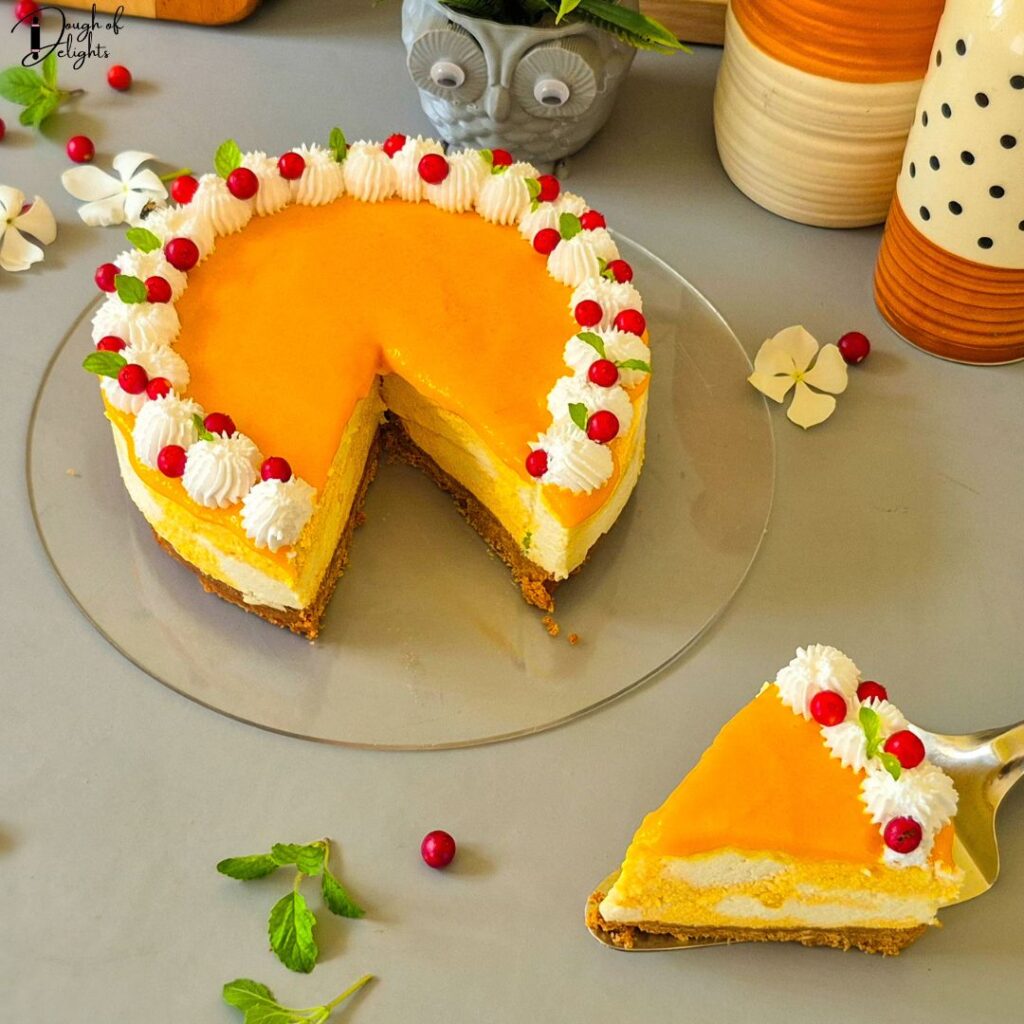 No-bake mango cheesecake served as a summer dessert
