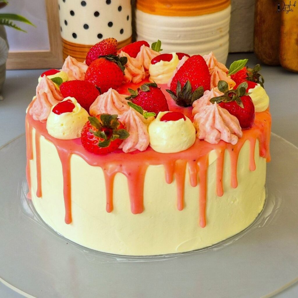 Fresh Strawberry Layer Cake decorated with Swiss meringue buttercream
