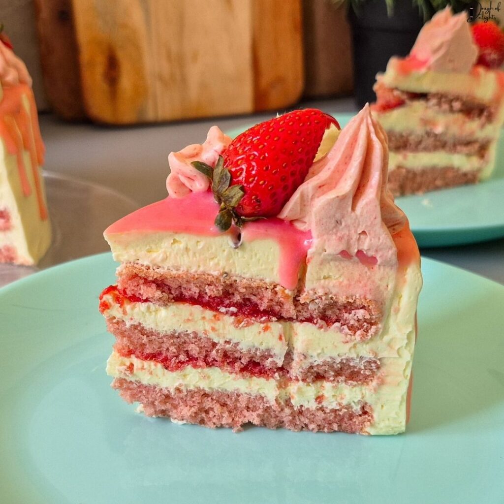 Close-up of the soft strawberry sponge used for this homemade Strawberry Layer Cake.