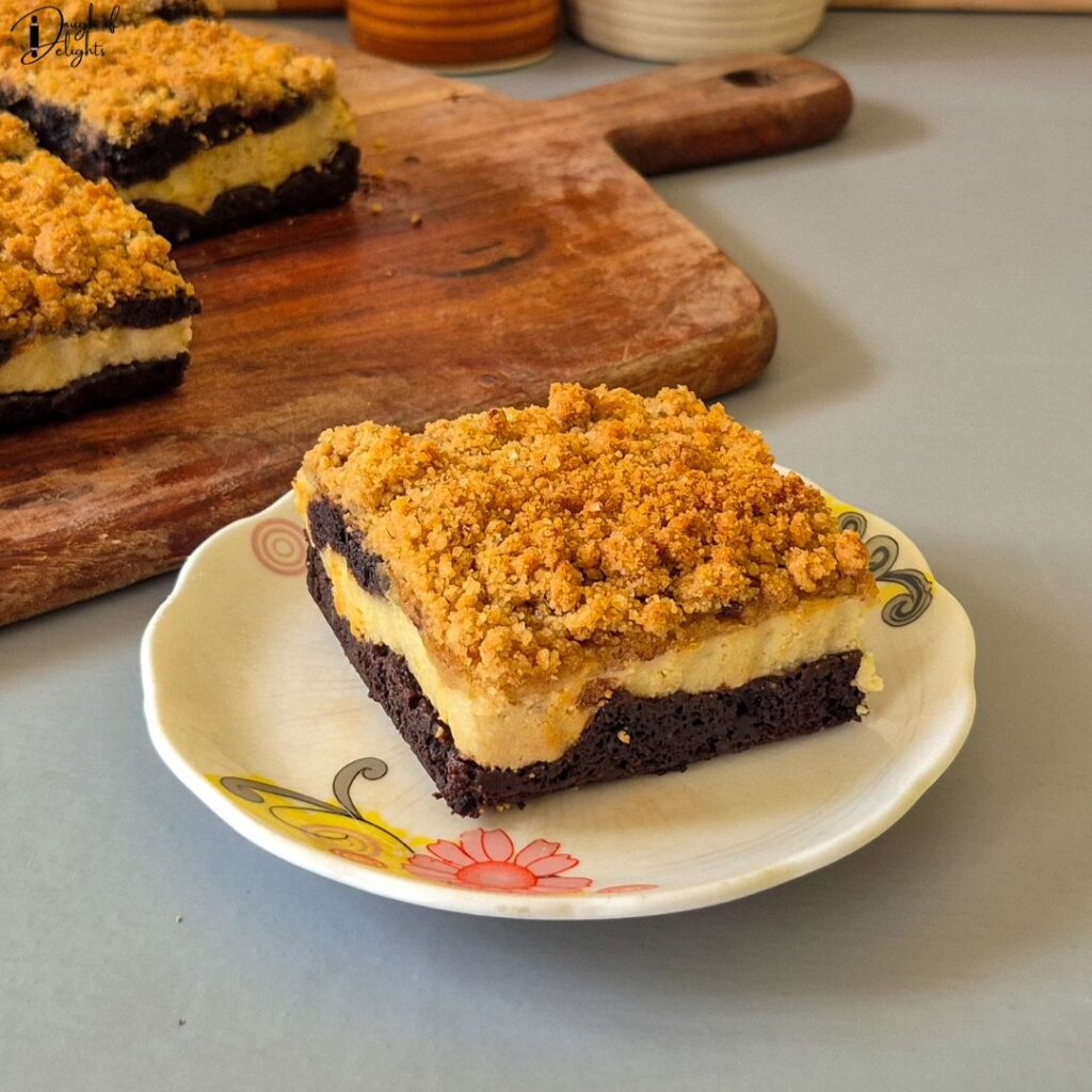 Cream Cheese Brownies with almond crumble