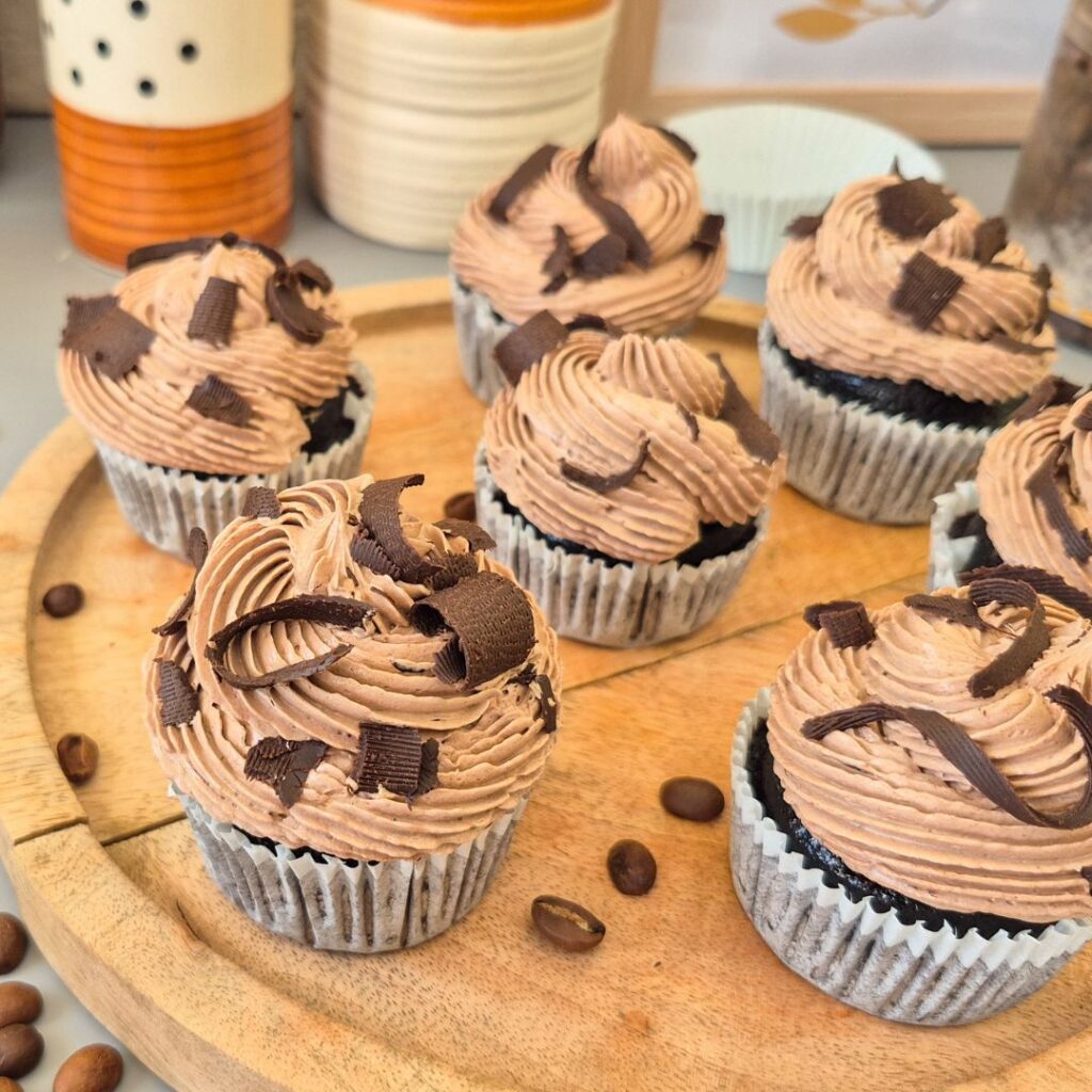 chocolate cupcakes with mocha swiss meringue buttercream