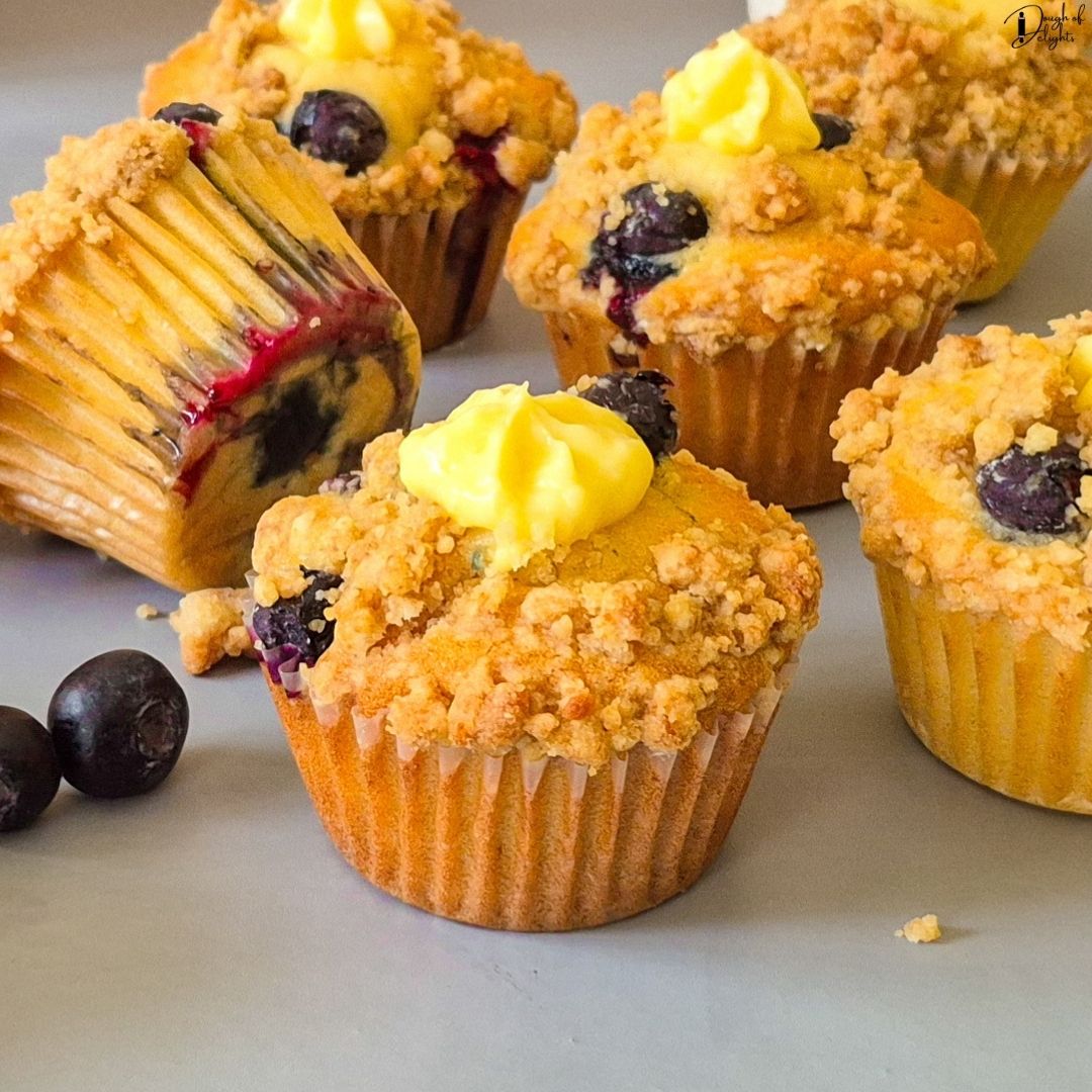 Freshly baked Blueberry Custard Crumble Muffins